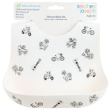 Black and white all over print silicone bib packaged view.