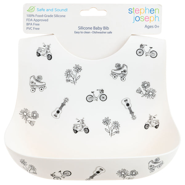 Black and white all over print silicone bib packaged view.