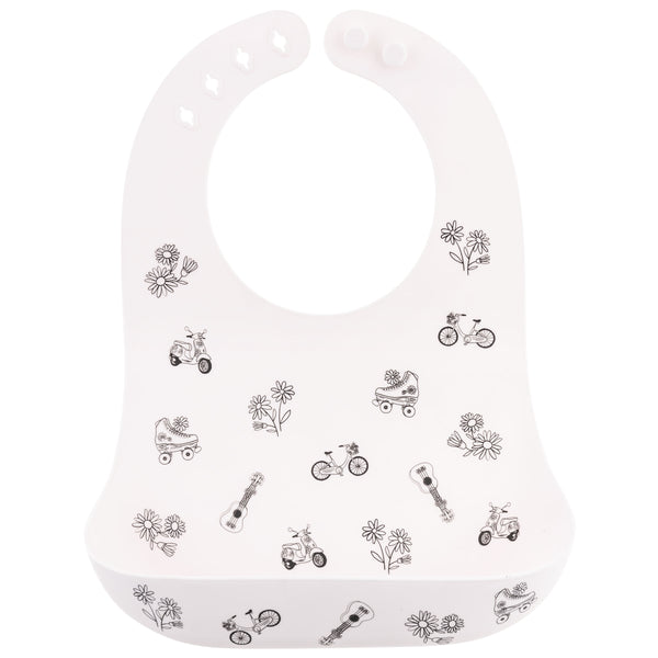 Black and white all over print silicone bib front view.