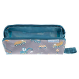 Construction all over print pencil pouch unzipped front view.