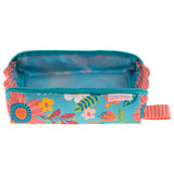 Turquoise floral all over print pencil pouch unzipped front view.