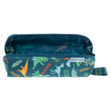 Dino all over print pencil pouch unzipped front view.