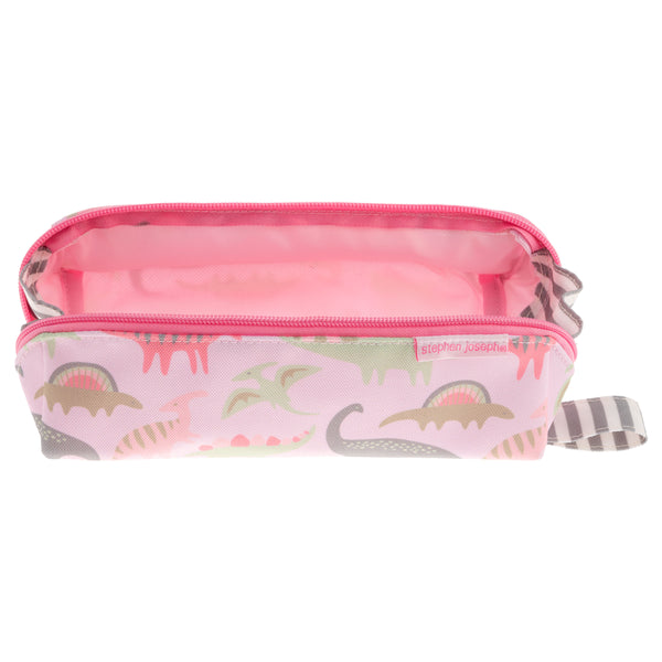 Pink dino all over print pencil pouch unzipped front view.