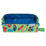 Transportation all over print pencil pouch unzipped front view. 