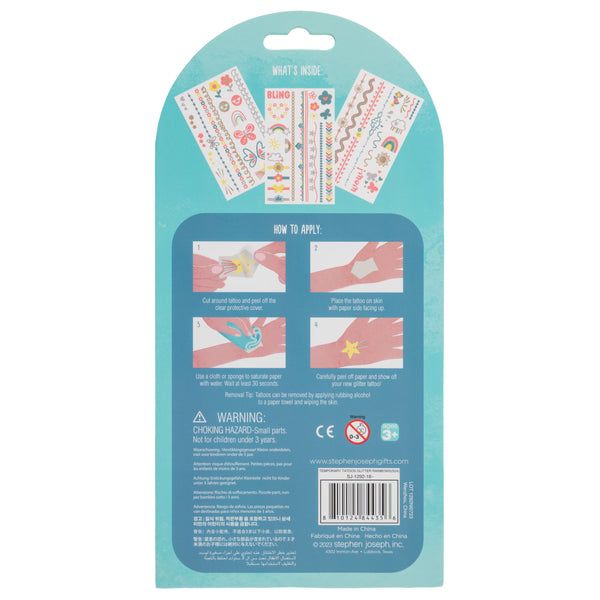 Glitter rainbow temporary tattoo packaging back view
