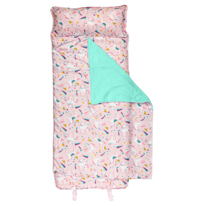 Unicorn all over print nap mat assembled view. 