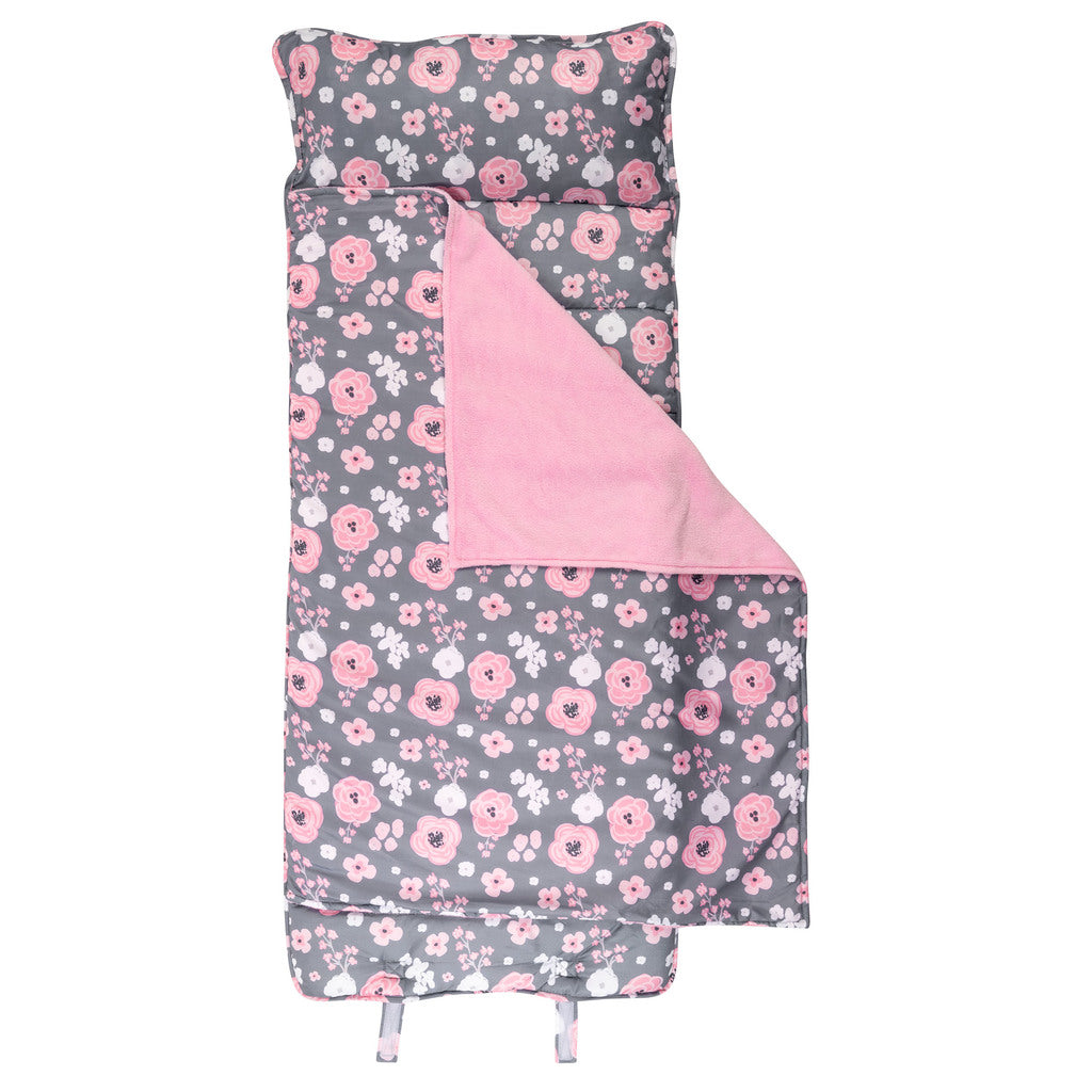 Charcoal flower all over print nap mat assembled view. 