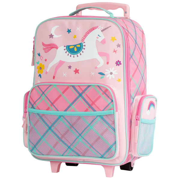 Pink unicorn classic rolling luggage front view