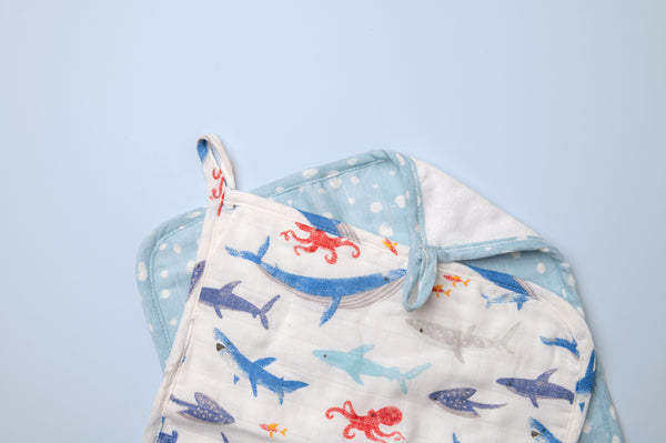 Shark muslin washcloth sets with blue background