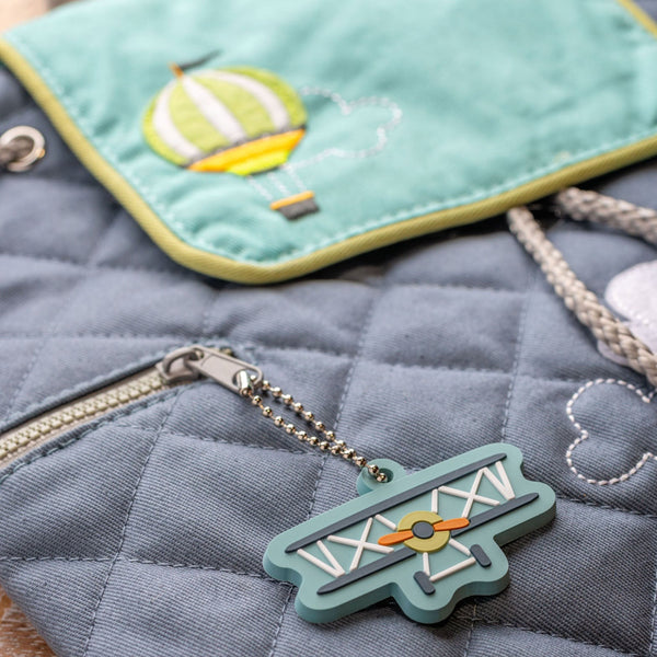 Air plane/hot air balloon quilted backpack zipper pull