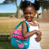 Little girl wearing sloth quilted purse