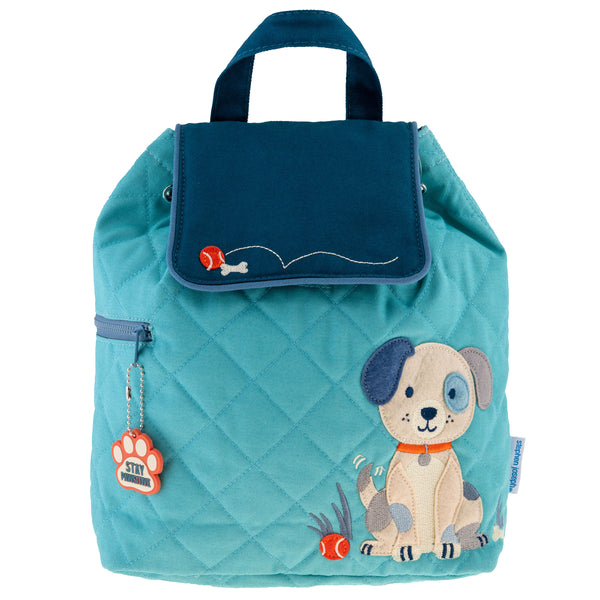 Blue puppy quilted backpack front view