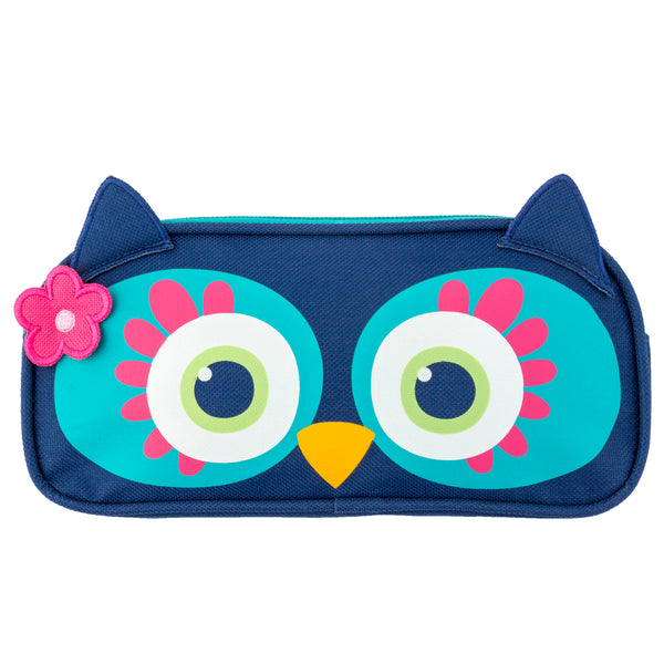 Blue owl pencil pouch front view