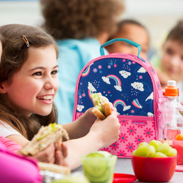 Girl's enjoying lunch with a Rainbow all over print lunchbox. 