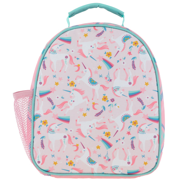 Pink Unicorn all over print lunchbox back view.
