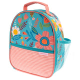 Turquoise floral all over print lunchbox front view. 