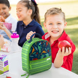 Kids enjoying lunch with Dino all over print lunchboxes.