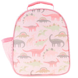 Pink Dino all over print lunchbox back view. 