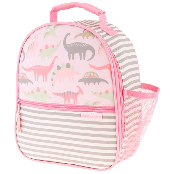 Pink Dino all over print lunchbox front view. 