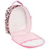 Leopard all over print lunchbox unzipped inside view. 