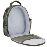 Camo all over print lunchboxes unzipped inside view. 