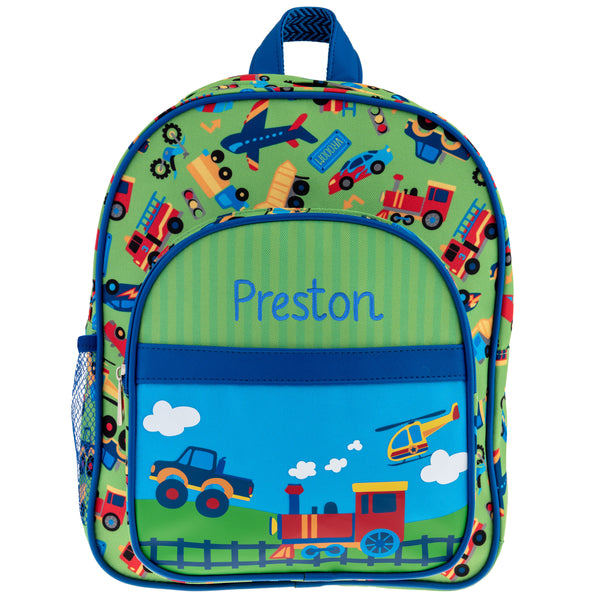 Transportation classic backpack personalization example. 