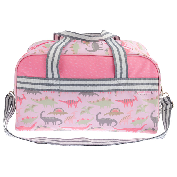 Pink Dino duffle bag front view