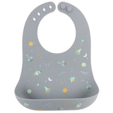 Space all over print silicone bib front view. 