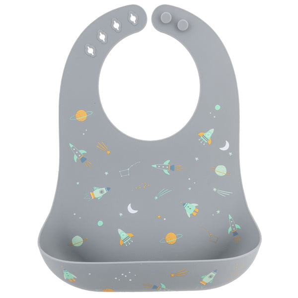 Space all over print silicone bib front view. 