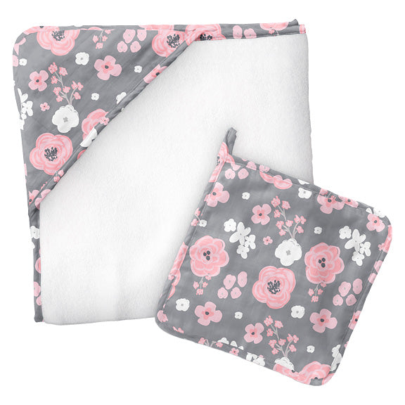 Charcoal flower muslin towel with washcloth