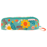 Turquoise floral all over print pencil pouch front view. 
