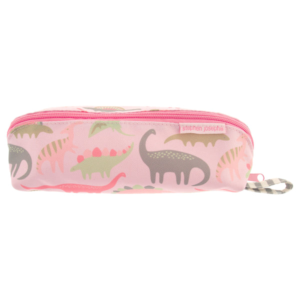 Pink dino all over print pencil pouch front view.