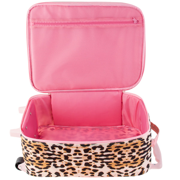 Leopard all over print luggage open view. 