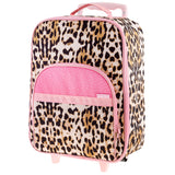 Leopard all over print luggage back view. 