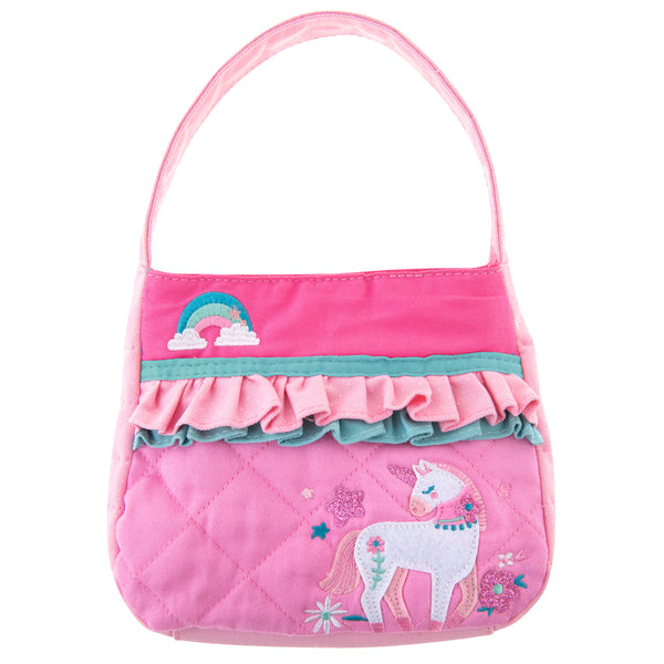 Pink unicorn quilted purse front view