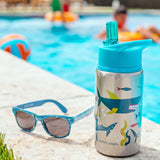 Shark flip top stainless steel bottle by the pool. 
