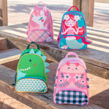 Mermaid, pink unicorn, dino, pink ladybug sidekick backpacks